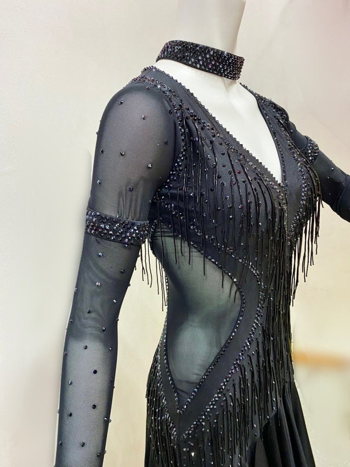 ビーズ装飾付きブラックダンスドレス Amazon.com: ZX Ballroom Dance Dresses for Women Fringed Lace