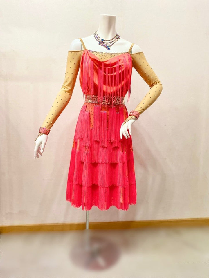 赤いパソドブレドレス 片肩ストラップ ビーズ装飾 社交ダンスドレス